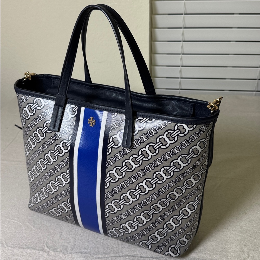 Tory Burch Gimini Link Canvas Satchel Navy Blue/ White Pattern Tote.